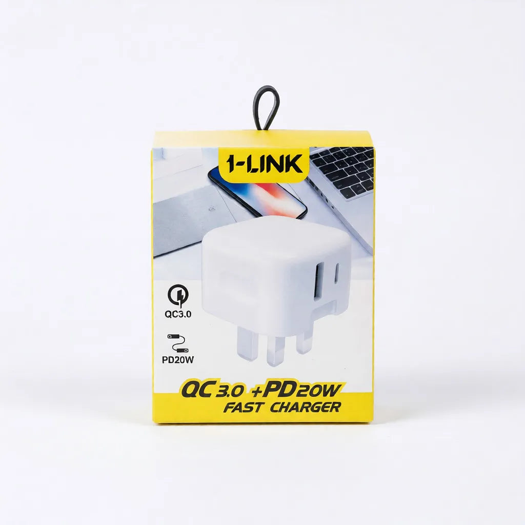 1-LINK QC3.0 + PD 20W Fast Charger - Dual Port UK Wall Adapter