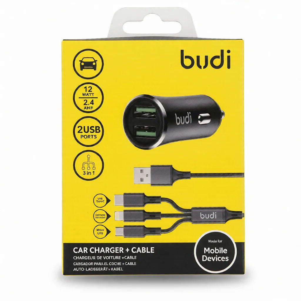 12W Dual USB Car Charger with 3-in-1 Universal Charging Cable
