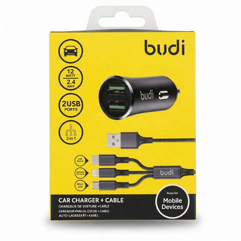 12W Dual USB Car Charger with 3-in-1 Universal Charging Cable